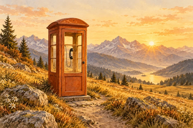 Telefonzelle in einer goldenen Berglandschaft