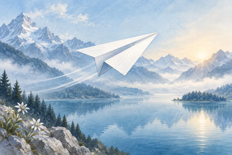 Papierflieger über einem blauen Bergsee