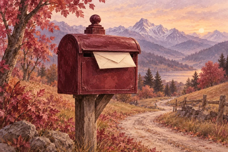 Bordeauxroter Briefkasten mit einem Brief in herbstlicher Landschaft