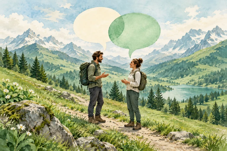 Gespräch mit Sprechblasen in grüner Berglandschaft